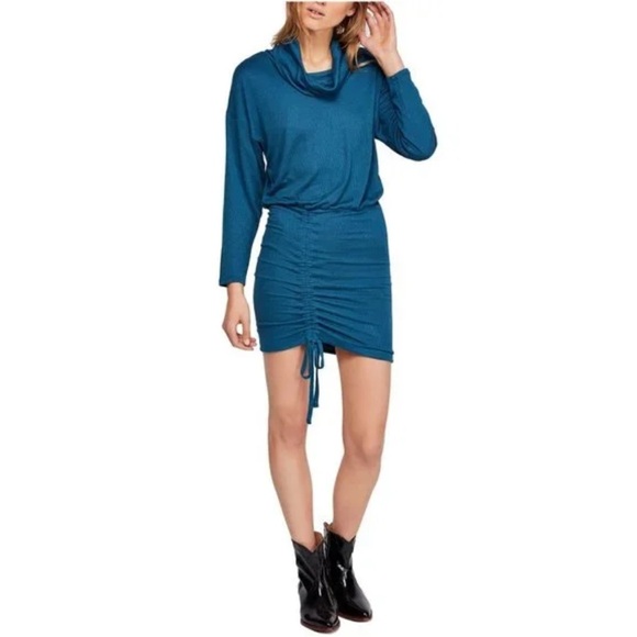 Free People Sundown Cowl Neck Ruched Mini Dress Dark Green Boho Long Sleeve - Picture 2 of 16